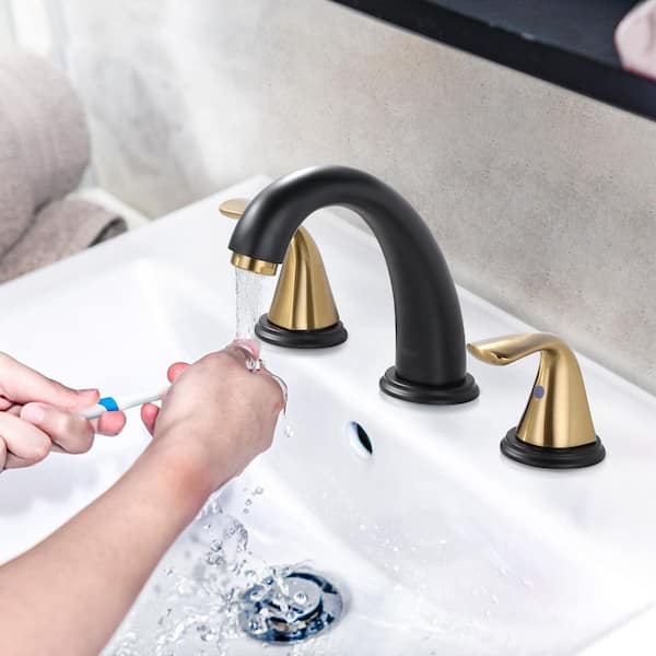 3-Holes 8 in. Widespread Double Handle Bathroom Faucet in Black and Gold