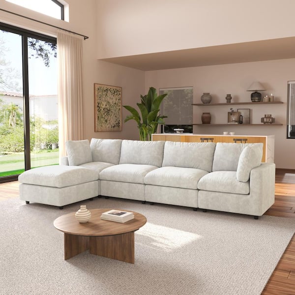 134 in. Square Arm Chenille 5-Piece Modular Sectional Sofa Free Combination with Ottoman in Beige