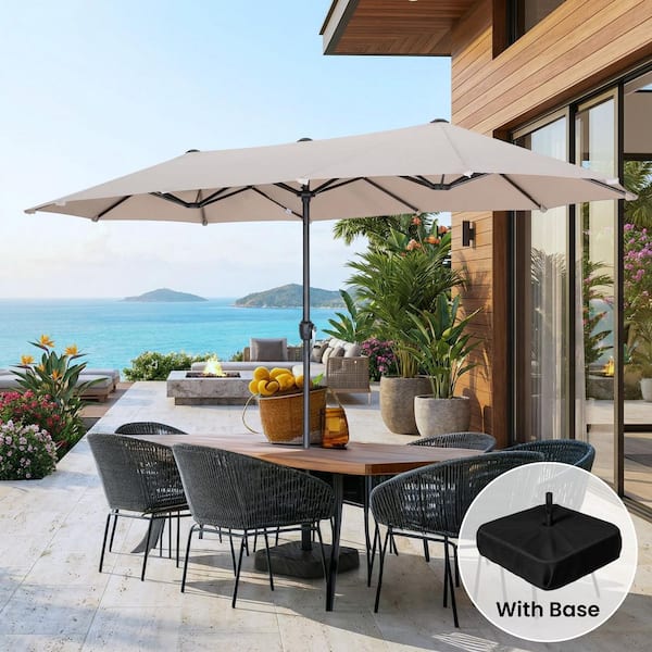 15 ft. Large Double-Sided Patio Umbrella with Sandbag Base Fillable up to 160LB and Crank in Beige for Backyard