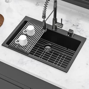 33 in. Drop-In Single Bowl Black Quartz Kitchen Sink with Bottom Grids