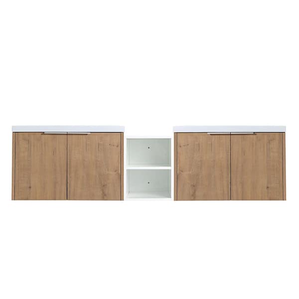 EPOWP 71.1 in. W x 18 in. D x 19.3 in. H Double Sink Floating Bath Vanity in Imitative Oak with White Resin Top and Cabinet
