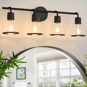 Modern 30.31 in. 4 Light Black Vanity Light with Glass Shade with Metal Ring, Dimmable Sconces Wall Light for Bathroom