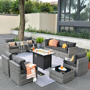 Sanibel Gray 11-Piece Wicker Patio Conversation Fire Pit Sectional Sofa Set with Swivel Chairs and Black Cushions