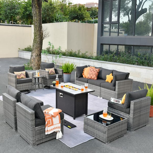 Sanibel Gray 11-Piece Wicker Patio Conversation Fire Pit Sectional Sofa Set with Swivel Chairs and Black Cushions