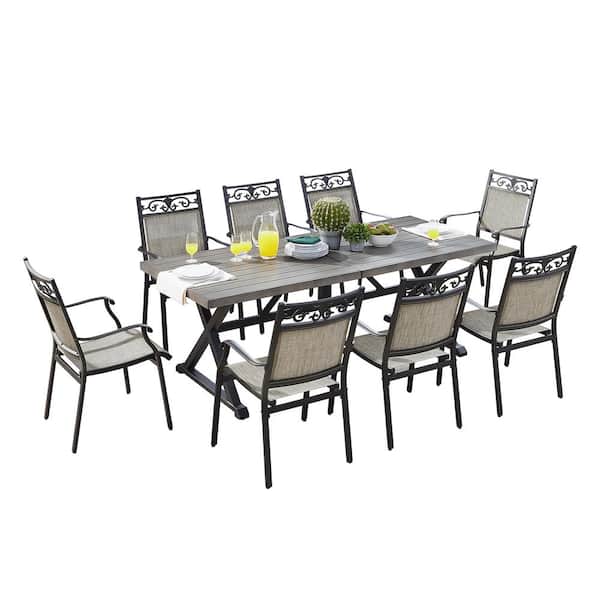 ULAX FURNITURE 9-Piece Cast Aluminum Outdoor Dining Set with 8 Stackable Chairs and Table