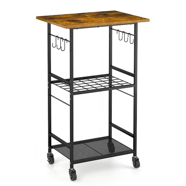 Numhew 3-Tier Black and Brown Rolling Kitchen Microwave Cart with Wheels and Hooks, Microwave Table Stand with Adjustable Shelf