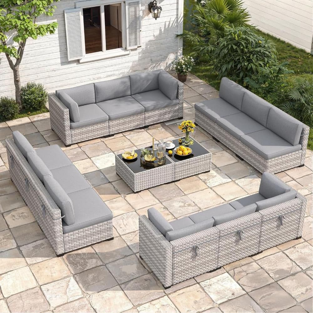 14-Piece Wicker Outdoor Patio Conversation Seating Set with Grey Cushions price history on PriceWatchPro