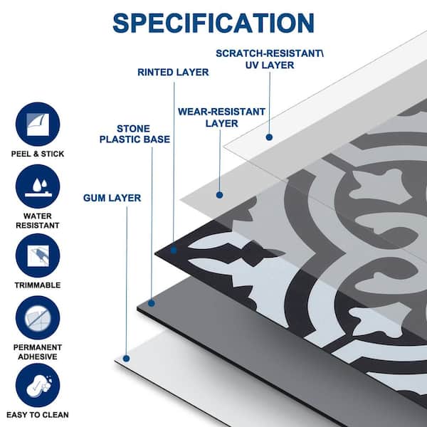 11.81in. x11. 81in.PVC Peel and Stick Tile for Kitchen Backsplash, Stairs, Wall Decoration (10-piece/10sq. ft）
