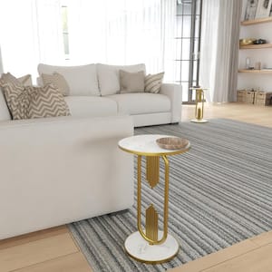 Soho 12 in. Gold and White Round Marble Top Side End Table with Oblong Frame