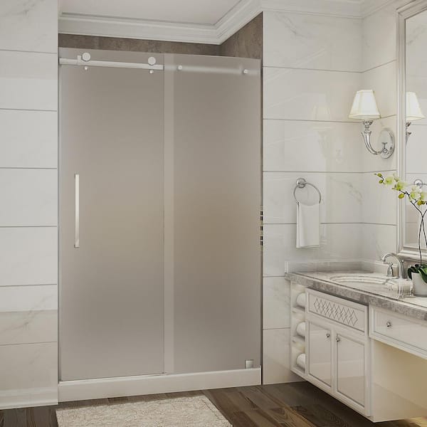 Aston Moselle 48 in. x 36 in. x 77.5 in. Frameless Sliding Shower Door with Frosted in Stainless Steel with Left Base