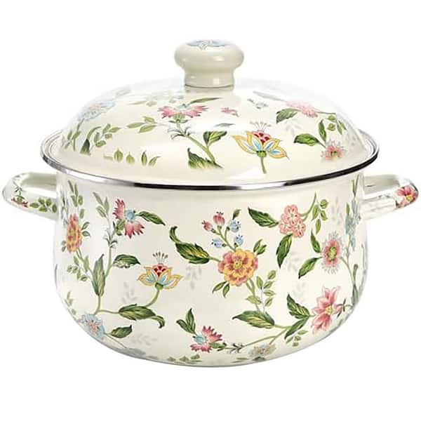 5 qt. Enamel Stock Pot with Lid, Green Floral Enamelware Simmer Pot for Stovetop, Large Soup Pot with Dual Handles
