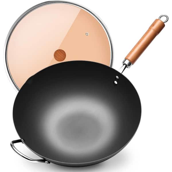 Wok 14.17in Flat Bottom Wrought Iron Nonstick No Chemical Coating Fast Heating Ergonomic for Electric Coil Induction