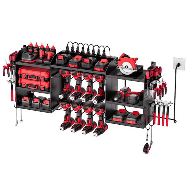 Power Tool Organizer with Charging Station, 3-Layer Power Tool Battery Storage Rack with 5.58 ft. Power Strip