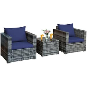 3-Piece Wicker Patio Conversation Set Rattan Furniture Bistro Sofa Set with Navy Cushions