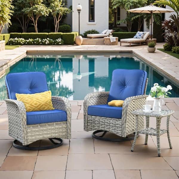 Beverly Gray 3-Piece Wicker Outdoor Patio Conversation Swivel Rocking Chair Seating Set with Navy Blue Cushions