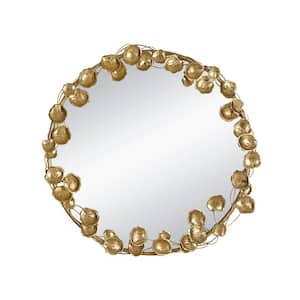 35 in. W x 35 in. H Gold Round Metal Frame Wall Mirror with Golden Leaf Accents for Living Room Entryway Hallway