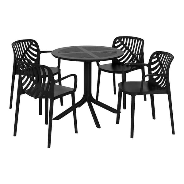 Frond and Form Modern Outdoor Patio Poly Plastic 5-Piece Round Table Dining Set w/ 4-Stackable Chairs in Black