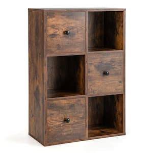 24 in. Rustic Brown 35.5 in. H 6-Cube Wooden Bookcase Storage Organizer with 3 Open Cubes 3 Drawers