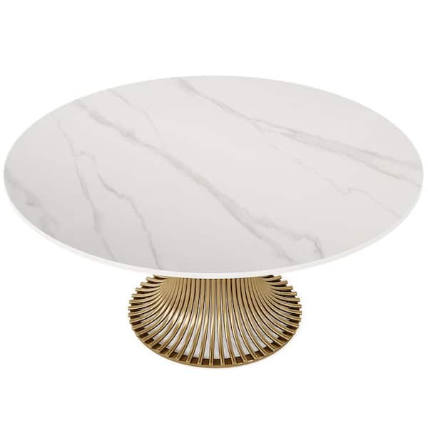 Roesler Modern White Sintered Stone Top 59" in. Gold Stainless Steel Pedestal Round Dining Table Seats 6