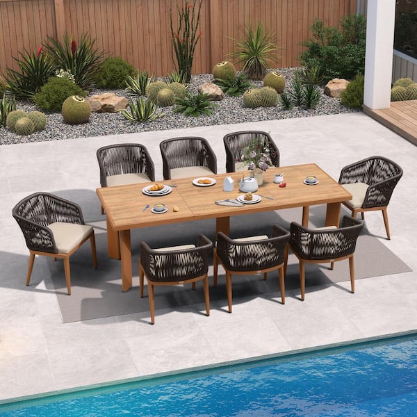 9-Piece Aluminum Wicker Dining Table Oversize and Armchairs Patio Outdoor Dining Set Furniture Set with Cushions, Grey