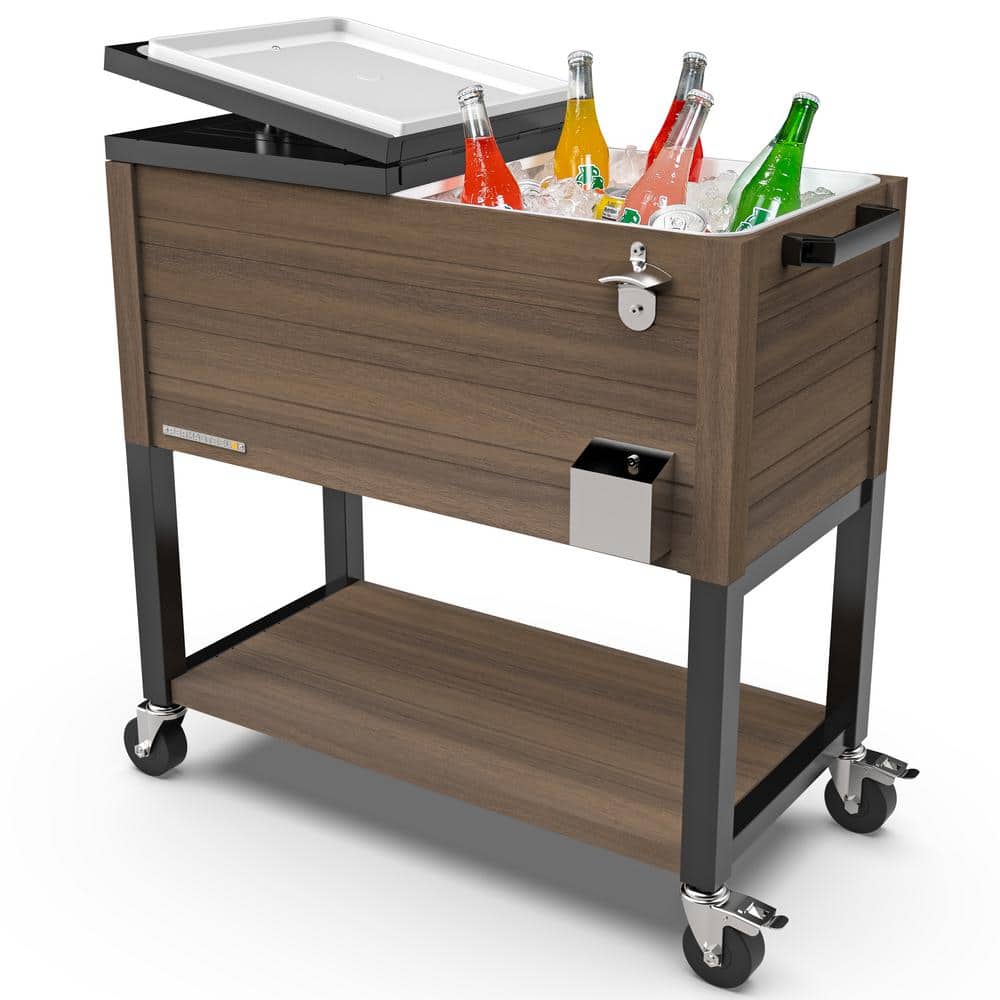 Permasteel 80-Quart Brown Woodgrain Rolling Patio Cooler with Insulated Basin