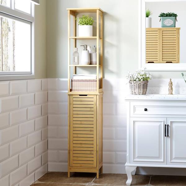 kleankin Tall Bathroom Storage Cabinet with Mirror, Wooden Freestanding Tower