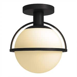 Cieonna 9.25 in. 1-Light Blackened Bronze and White Semi Flush Mount with Glass Shade