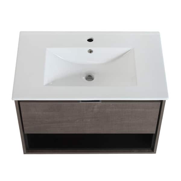 ANTFURN 18.00 in. W x 30.00 in. D x 20.00 in. H Floating Bath Vanity in Plaid Grey Oak with White Ceramic Top