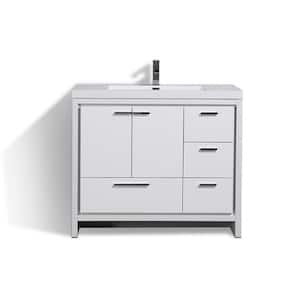 Dolce 42 in. W Bath Vanity in High Gloss White w/ Reinforced Acrylic Top in White w/ White Basin & Right Side Drawers