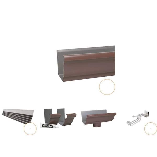 5 in. Brown Aluminum K-Style Gutter and Guard Kit with Hanger, Seamer, and Drop Outlet (6-Piece)