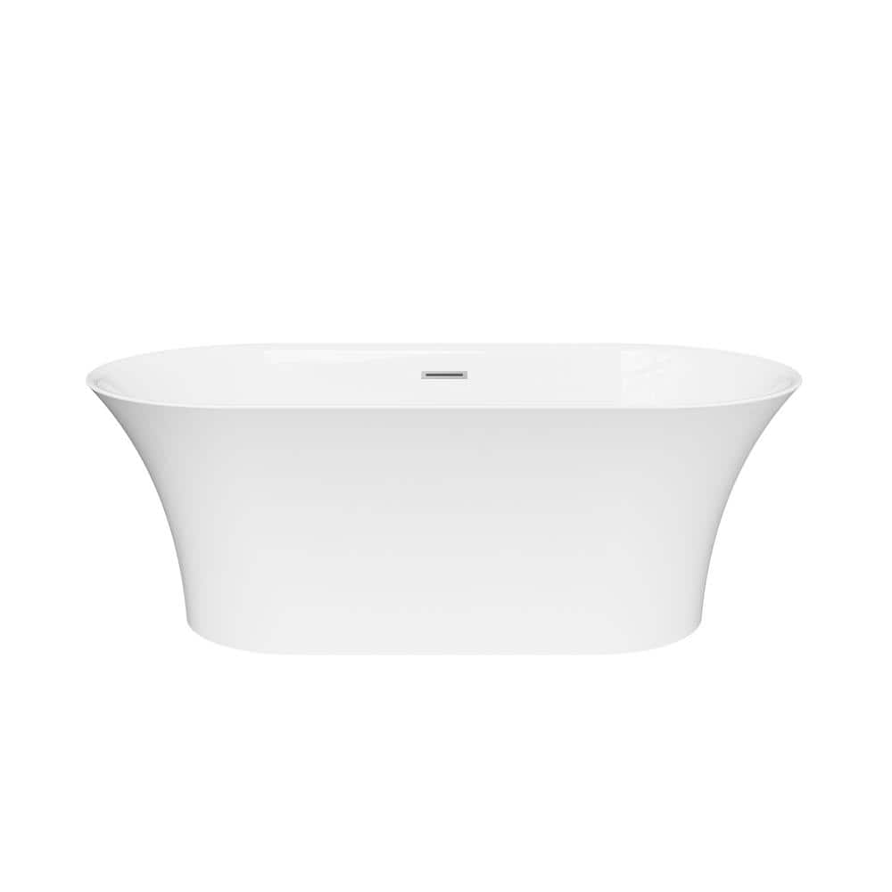 67-Inch Glossy White Acrylic Freestanding Soaking Bathtub with Chrome Drain