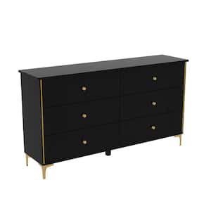 Black 6-Drawers 63 in. Width x 31.5 in. Height Wooden Dresser, Chest of Drawers with & Gloden Legs