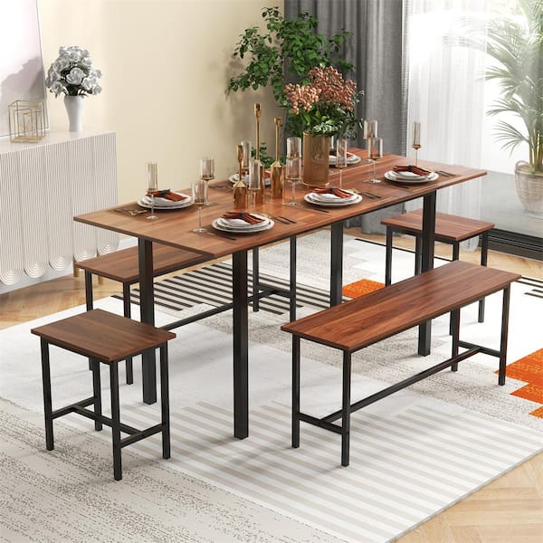 5-Piece Walnut Wood Top Kitchen Dining Table Set with Extendable Table 2 Benches & 2 Stools