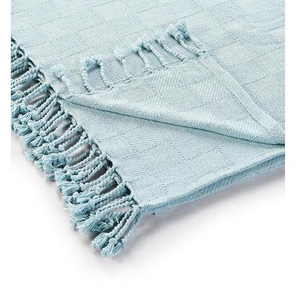 LR Home Woven 50 in. x 60 in. Light Blue Solid Checkered Cotton