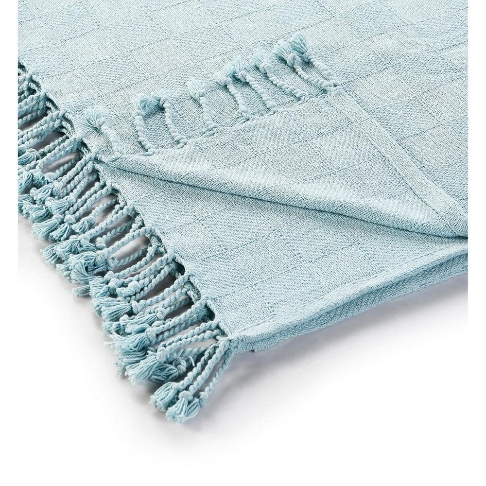 Light Blue Organic Cotton Fringe Throw Blanket 60" x 50"