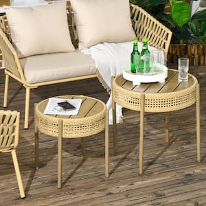 Brown 2-Piece Wicker Patio Table Set, Outdoor Multi-Functional Round Coffee Table Set with Slatted Metal Top