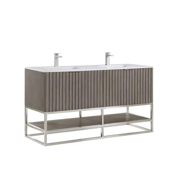 BEMMA Terra 60 in. W x 22 in. D x 34 in. H Bathroom Vanity in Gray Wash with White Granite Top