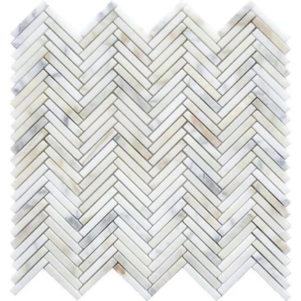 Serena 4 in. x 4 in. Honed White Gray Calacatta Gold Herringbone Marble Mosaic Wall and Floor Tile Sample (0.14 sq. ft.)