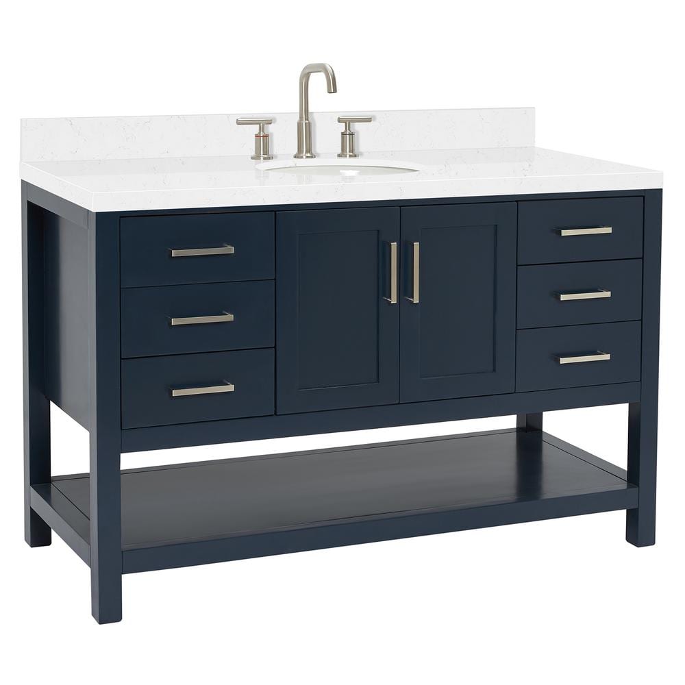 Midnight Blue Hardwood Single Bathroom Vanity with Carrara Quartz Top