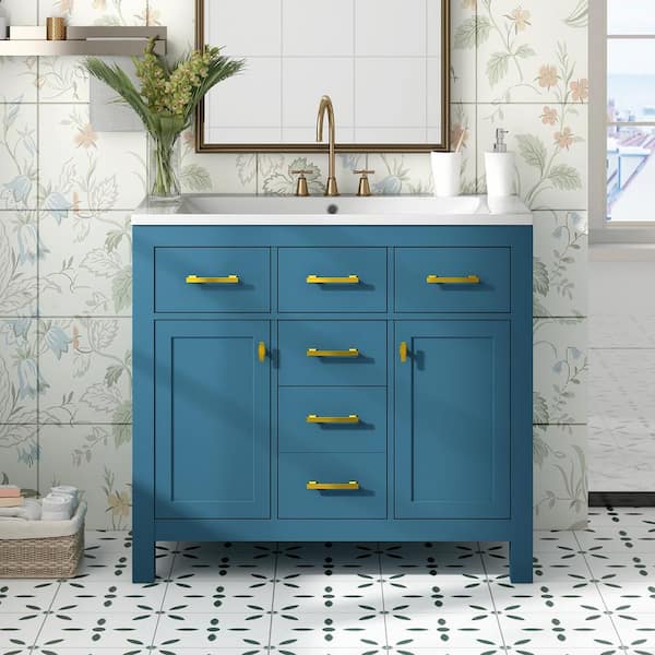 Unbranded 36 in. W x 18 in. D x 34 in. H Single Sink Freestanding Bath Vanity in Blue with White Cultured Marble Top