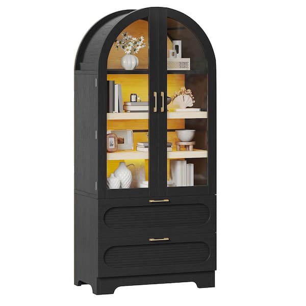Manufactured Wood 31 in. x 71 in. Arched Glass Door Pantry Cabinet Black w/ Adjustable Shelves and Built-in LED Lighting