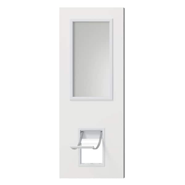 30 in. x 80 in. 1 Lite, Universal, Frosted Glass, White Primed Wood Front Door Slab with Large Pet Door