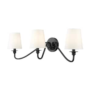 Gianna 32 in. 3 Light Matte Black Wall Sconce with White Fabric Shades and No Bulb Included