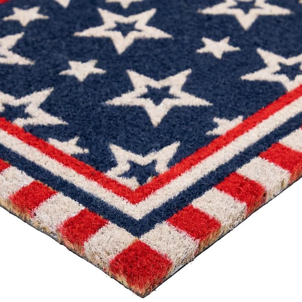 Blue and Red Americana Stars and Striped Border Coir Outdoor Doormat 18" x 30"