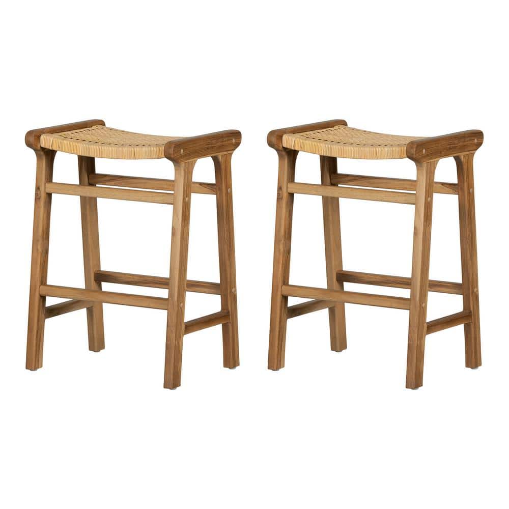 Natural Teak and Rattan Counter Height Bar Stools, Set of 2