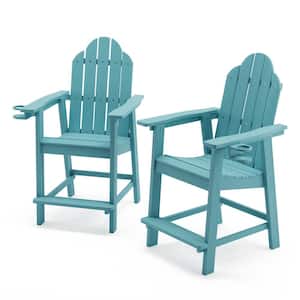 All Weather Plastic Composite Outdoor Bar Stool Adirondack Arm Chairs with Cup Holder-Lake Blue(set of 2)