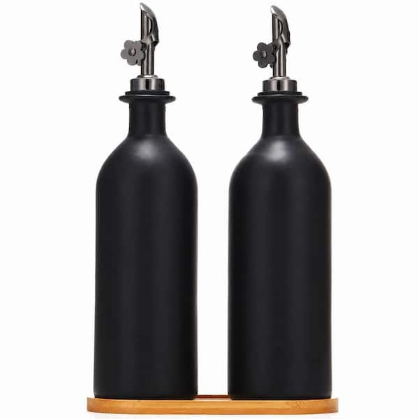 16 oz. Black Glass Olive Oil and Vinegar Dispenser Set with Bamboo Tray, 2 Pack, 500 ml