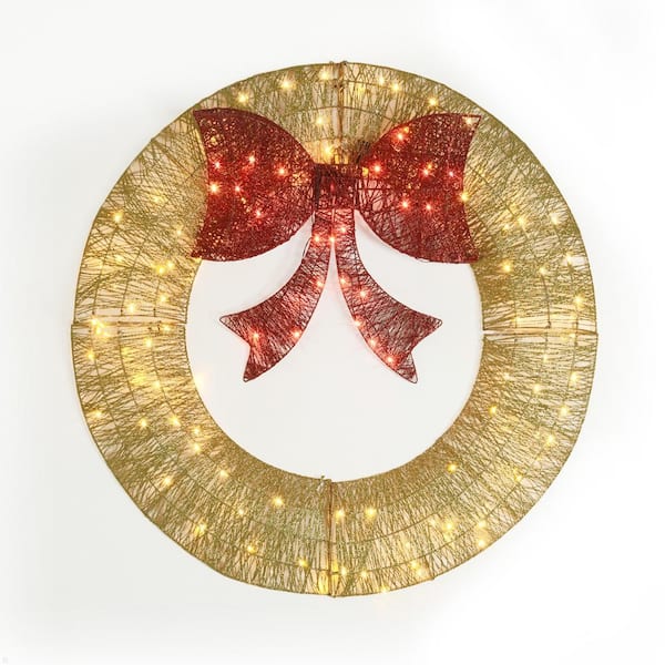 CAPHAUS 3 ft. Gold Pre-Lit Foldable Lighted Artificial Christmas Garland with LED Lights and Red Bow