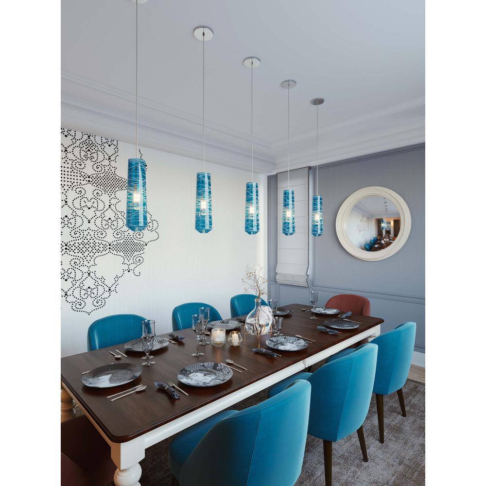 Satin Nickel 3-Light Linear Pendant with Blue Glass Shades