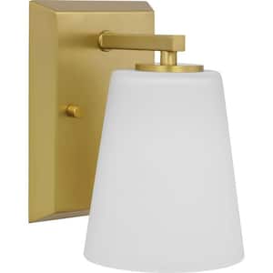 Vertex Collection 4.75 in. 1-Light Brushed Gold Etched White Glass Contemporary Vanity Light